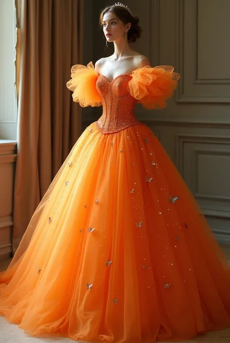 a stunning ball gown-style dress in orange . The dress features a classic off-the-shoulder neckline with large, puffy sleeves that create a dramatic, romantic silhouette with tiny butterflies. The bodice is adorned with intricate ruching and sparkling sequ...