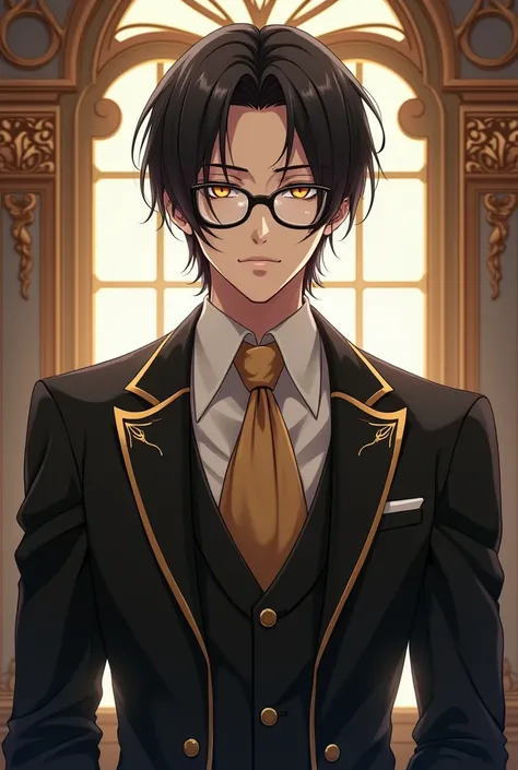 Adult male anime character with black hair and gold eyes wearing reading glasses and a black suit with gold details from the Victorian era