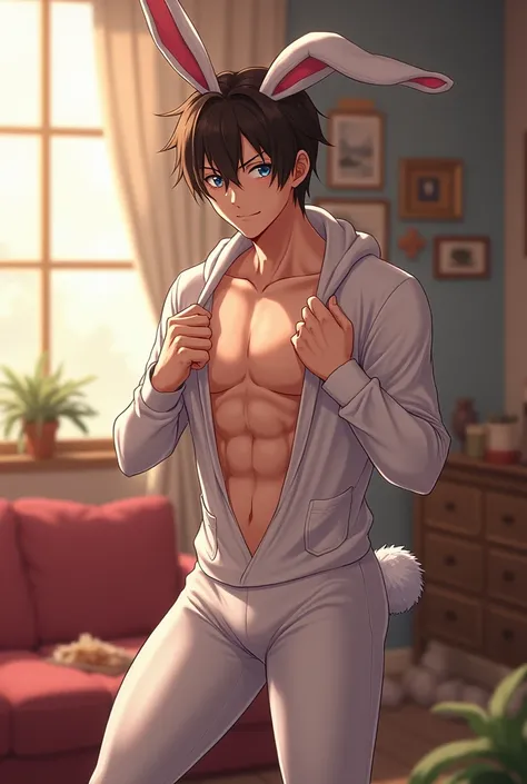  Male anime character with brown hair and light blue eyes, wearing a sexy bunny outfit at home