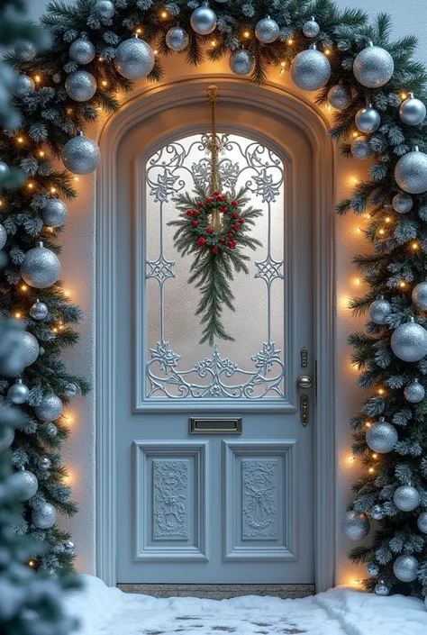 Christmas door decorated in silver tone with Christmas images
