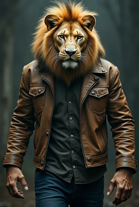  Man dressed in a short leather jacket. Lions head and hands .  Gestures and submission posture . 