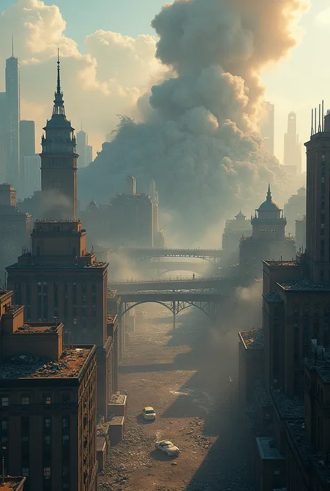 Aerial view of a cityscape with buildings, bridges and structures collapsing at the same time, clouds of dust and smoke rising in bright colors, creating an intense atmosphere of chaos."