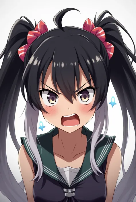 Long Hair, Black and white hair,  twin tails,  best quality,  Hi-Res, accurate,  high definition model,  angry, get angry,  simple background, ribbon,  anime style, 