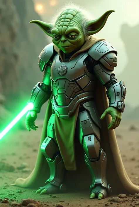 Create an image of Yoda wearing green iron man armor with a green lightsaber in his hand 