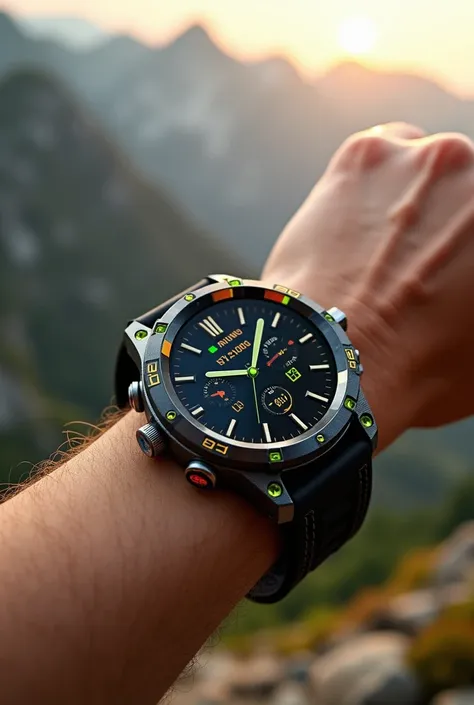 Generate an image of a rugged smartwatch from the DAORKOW brand, designed for adventures and extreme sports. The watch should have a robust structure with a metal or titanium material case, with a black rubber or silicone strap and green or orange details ...