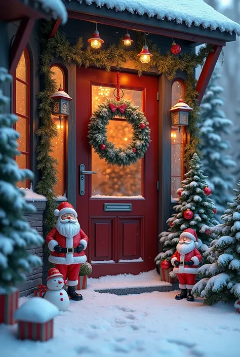 Christmas door decorated with Christmas figures that give the feeling of cold