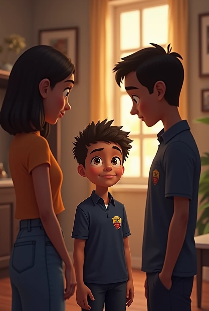 A brown boy named Daniel in his navy blue Roma uniform talking to his parents in a motivational talk 