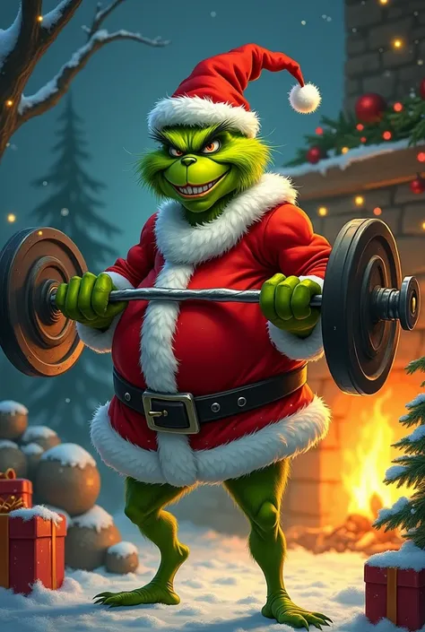 Drawing of the Grinch disguised as Santa Claus lifting weights