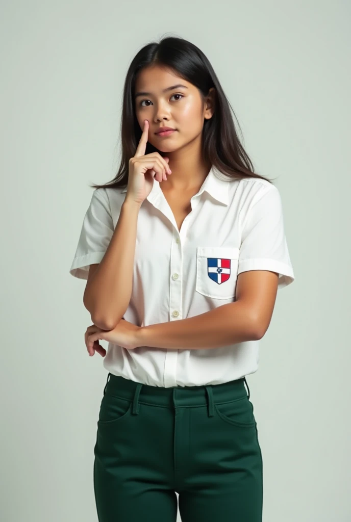  Female adolescent student , standing up, full body,   dark green dress pants ,  short sleeve white shirt with the coat of arms of the Dominican Republic in the pocket, in an attitude of thinking ,  that look complete from top to bottom and with nothing in...