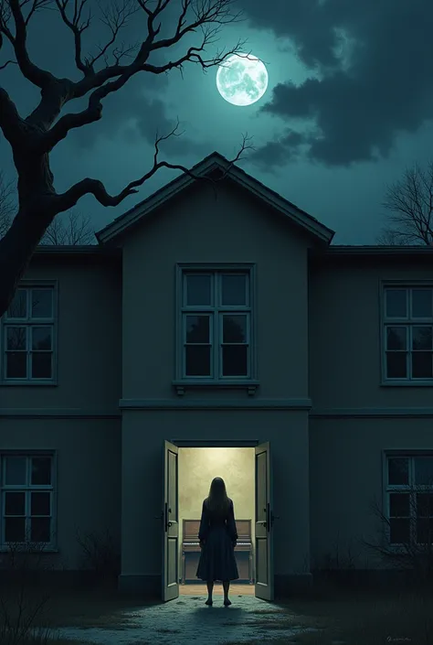 
“Create an image of a high school building under a horror night sky with a lot tree. Show an open window revealing an upright piano inside a music room and a long-haired woman reflected in the mirror in the music room, while outside the window, 15 armies ...