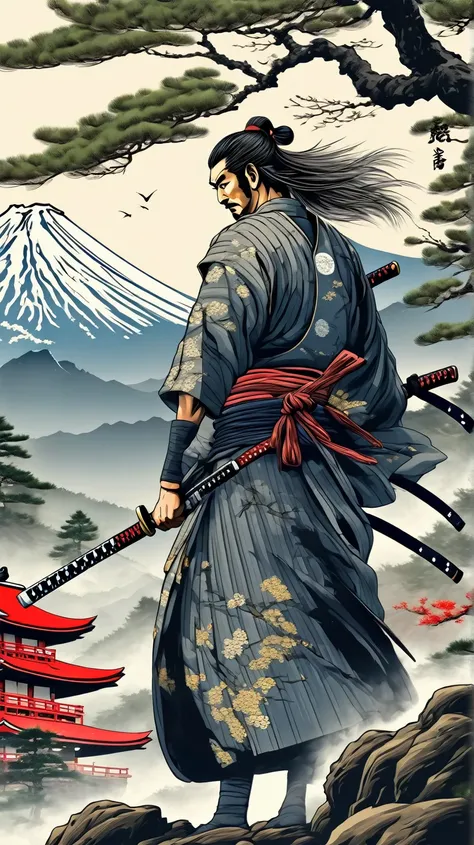 The neural network draws a picture against the background of Fujiyama and Japanese pines, a heroic being - a proud samurai holding a samurai katana sword in his hands, samurai clothes, slender slender physique, developed muscles, flowing hair, High detail,...