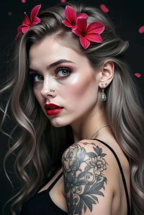 Professional photo of a 18yo girl, solo, looking at viewer, long hair, monochrome, greyscale, earrings, red lips, BREAK, deep green eyes, petals, eyelashes, shoulder tattoo, makeup, watermark, piercing, ear piercing, portrait,,