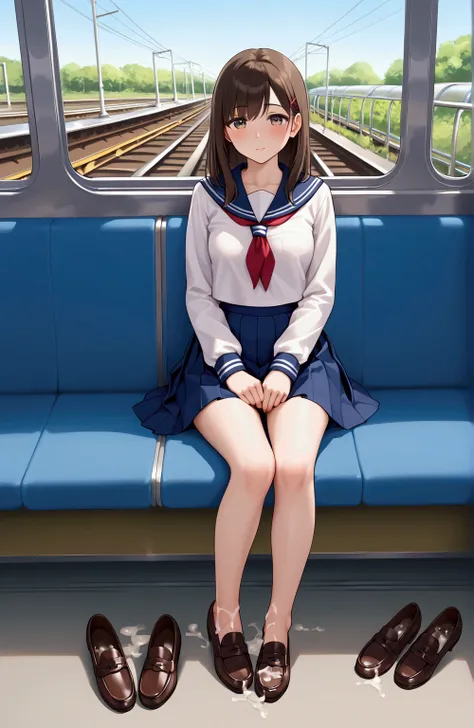 1girl,selafuku,sitting seat of train,on the train,,girl in navy pleated skirt  brown loafers and , 1girl, brown loafers, solo, , loafers, legs, brown loafers  removed, navy pleated skirt,  , feet, full body,  pleated skirt, blue skirt,(cum on shoes:1.2),,,...