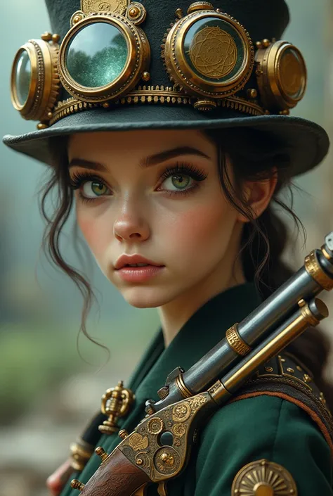 There is a woman wearing a steampunk hat and holding a gun., steampunk girl, Wearing steampunk costumes, steampunk inventor girl, (Steampunk), ( Steampunk ), Steampunk style, steampunc, steampunk fiction, steampunk aesthetic, Beautiful steampunk goddess, s...