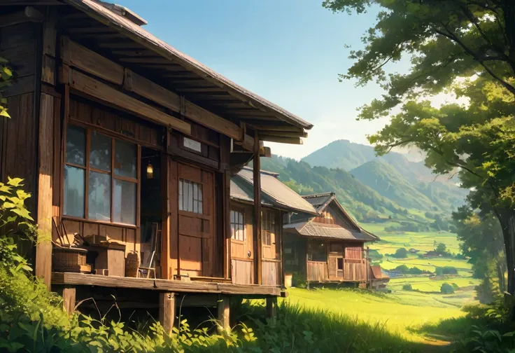 serene landscape, summer solstice, cicadas singing , green fields,  rustic wooden houses, clear blue sky,  bright sunlight , Gentle breeze,  Peaceful Atmosphere , nostalgic, rural japan,  mastery, detailed,  face vibrant colors, realistic,  high definition...