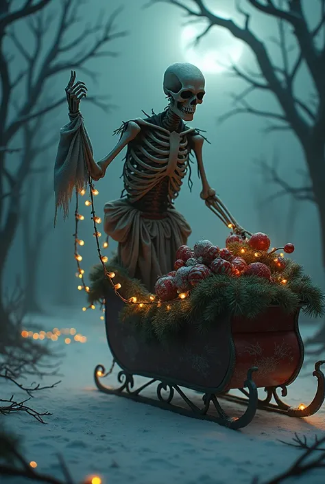 Create an image for me of a wild and scary skeleton carrying presents in a bag while hanging herself with Christmas lights on top of a Christmas-themed sleigh
