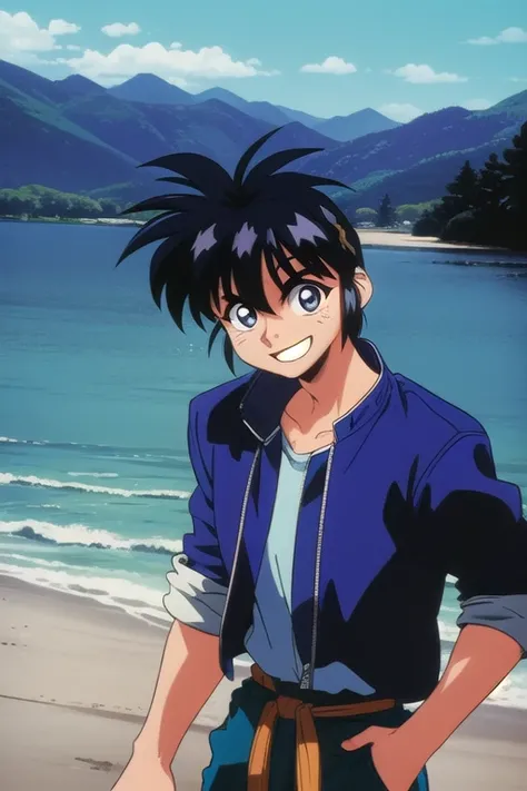 Do my oc  (man) The (1990s (style) with a blue jacket and black shirt, black hair with blue, smile,  looking at the landscape