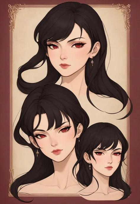 Character model sheet in a unique blend of manga and whimsical style, featuring a mature young woman with an elegant yet edgy look. She has shoulder-length, dark hair with a soft wave, full bangs framing her forehead, and subtle highlights for depth. Her e...