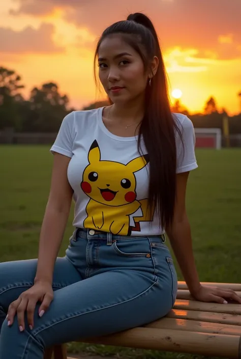  an indonesian woman , big busty breasts, long straight hair tied , Pikachu Face Print Tight T-Shirt,  jeans and flip flops . sitting on a bamboo bench .  against the backdrop of a rural football field and sunset.