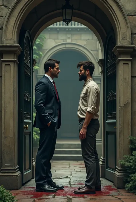 A man in his late twenties with a man 23yrs who has blood all over him standing a short distance apart facing each other in an anciant mansions doorway 