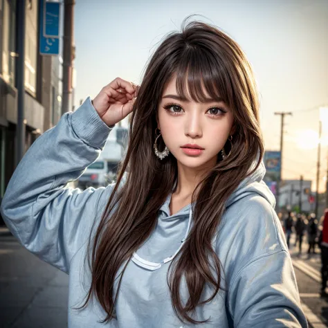 masterpiece, 8K, Award-winning photo, photoRealistic, Realistic, Very detailed, Ultra-high resolution, Ray Trakun, ///one person, night, Blurred streetscape of Korea, The most beautiful, 20-year-old, (sexy, Japanese idols), (blown hair:1.2, Cool disheveled...