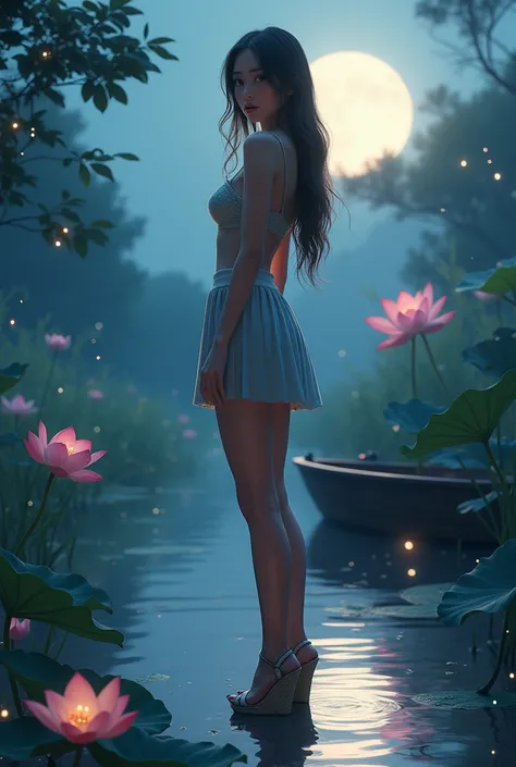 ( High Quality , Full body image, 【8k, original characters), (fact: 1.5), (masterpiece,  Best Quality,  high resolution : 1.2), [girl, Summer Night, (Stockings Smooth Texture : 1.5), Sexy Skirt,  Super High Heeled Wedge Heels ,  Detailed Eyes , Delicate im...