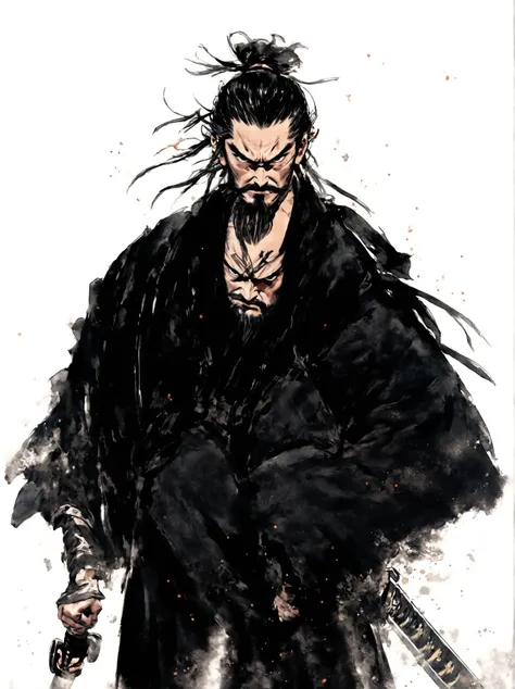 close up of a person holding a katana, portrait of samurai, handsome guy in demon slayer art, dark cloaked necromancer, musashi miyamoto, standing, fighting stance, looking at the viewer, front camera, eye level, handsome, beard, long hair, angry expressio...