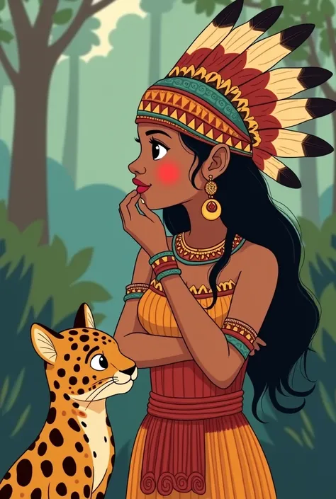 Cartoon of an indigenous woman with a headdress, with hand on chin, thoughtful, ao lado de filhote de onça thoughtful.