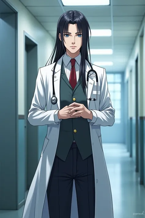 A tall black-haired doctor without a microscope 
