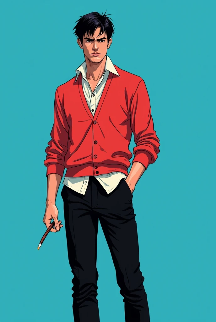 (comic)a man with black hair,  dark brown eyes, wearing a white blouse with a red sweatshirt,  black pants , white sneakers, 
smoking a cigarette and a blue background behind  