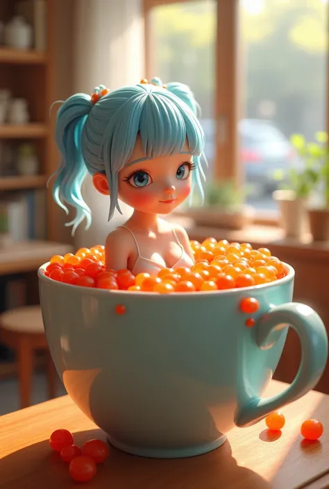 3D Japanese  with light blue hair and short ponytail lol in a big cup full of salmon roe at the cafe, large breasts,