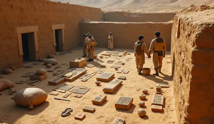  An archaeological excavation with ancient artifacts and images of Mesopotamian cultures, showing shared influences .