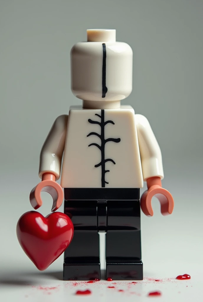 A headless Lego ,  only the black line like tattoo  ,  holding its own head in one hand and the heart in the other hand 