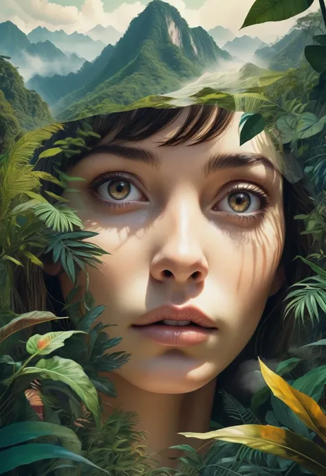 Dubrec style， Close-up view of the girls face ， Image of jungle mountains in the foreground ，（Multiple exposure：1.8）， Complex illustrations in surrealist art style，Surreal dreams