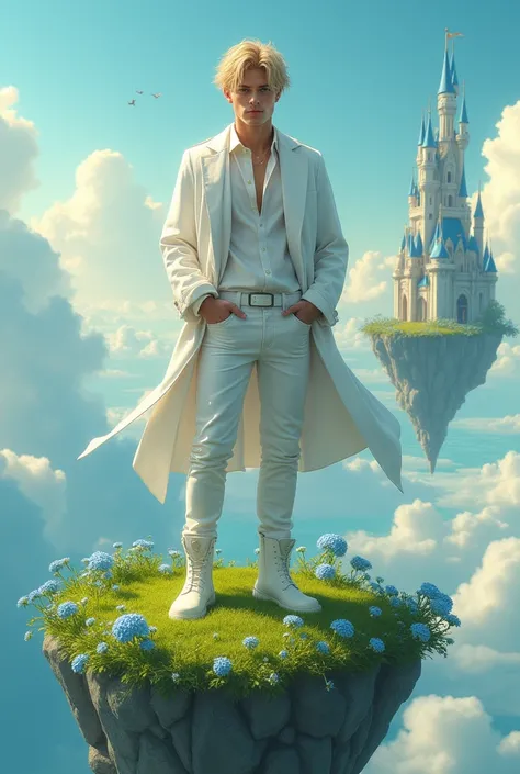 Handsome strong sweet guy with short blond hair and green eyes.  Bohemian white shirt dressed in a white coat, white jeans and white boots .    Standing on a floating island of grass with blue flowers . The skeleton is in the middle of the ocean .  In the ...