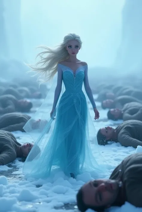 4K, Hight quality, very beautiful Elsa, Disney Elsa frozen, walking through piles of dead male, Elsa longhair