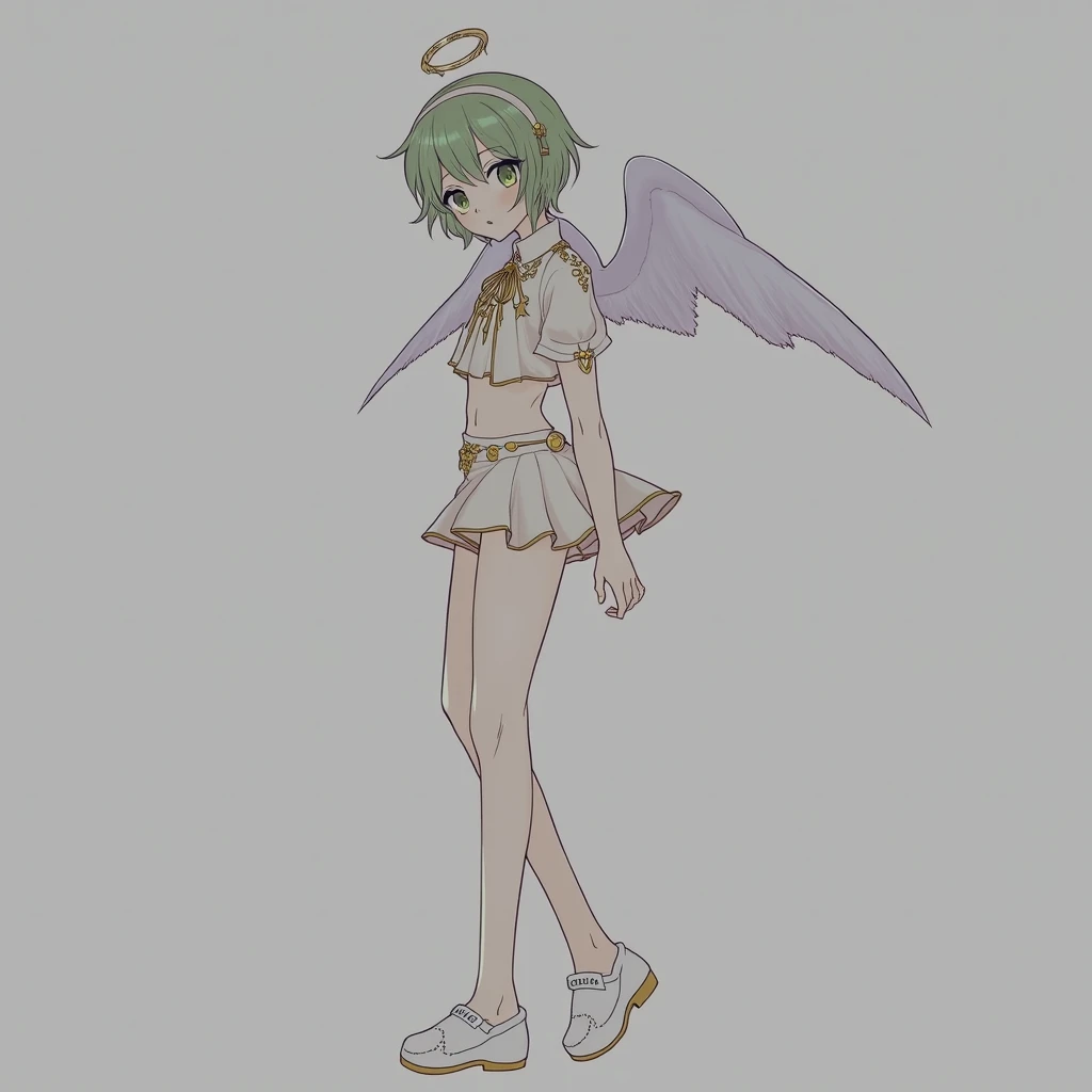 1 girl, short green hair ,  green eyes, green clothes with gold details, Blouse that reveals the shoulders and the navel, long sleeves, mini skirt, shoes and socks, has angel wings, From behind 3 / 4 looking at the spectator,  anime style.