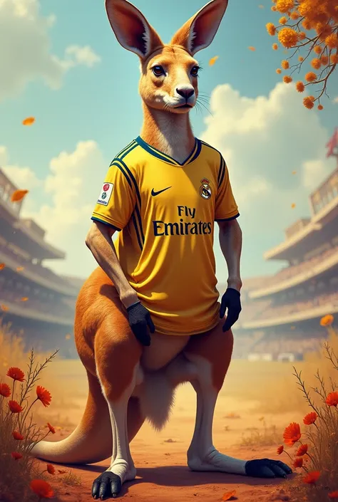 
Create an image of a kangaroo wearing the Real Madrid shirt 
