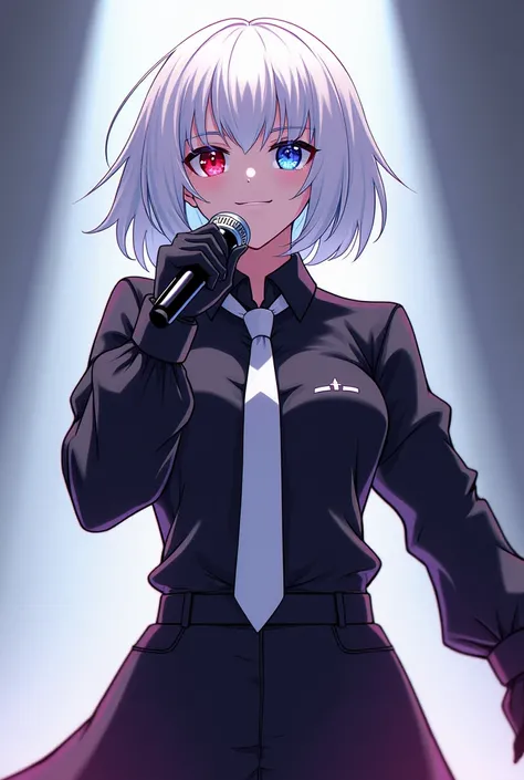 woman。Muscle White。White Hair。Bob。ホワイトBob。Odd Eye。Right eye is red。Left eye is blue。Black long shirt。 white tie。whole body。 anime style。 is singing a song with a microphone。 facing the front。