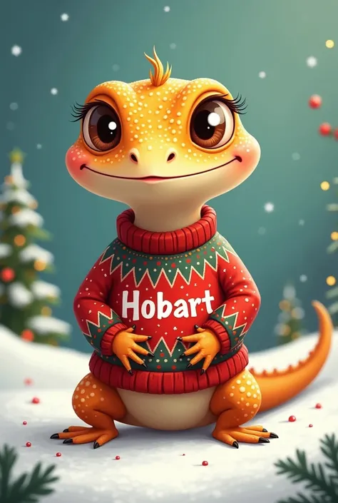  I want you to generate an image of a lizard in the form of a cartoon,  that looks cute that is simple  ,  with a sweater that says  "HOBART " in the middle,  with a Christmas theme