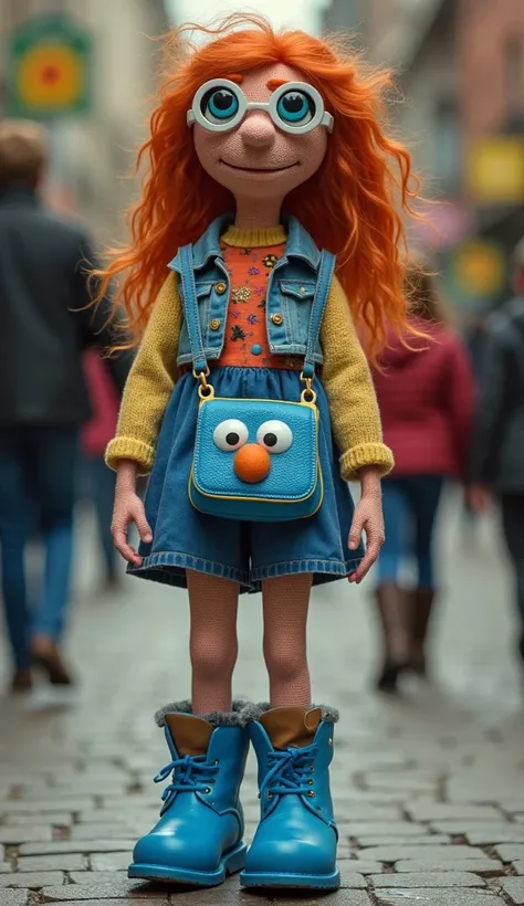  a real photo to (pale 18 y.o. ginger woman,pale skin full of freckles, glasses, muppet face bag, blue boots with a blue heel, full lenght view, 1990s flower power hippy, ) outfit inspired by Cookie Monster Muppets clothes outfit,pop art, sesame street, se...