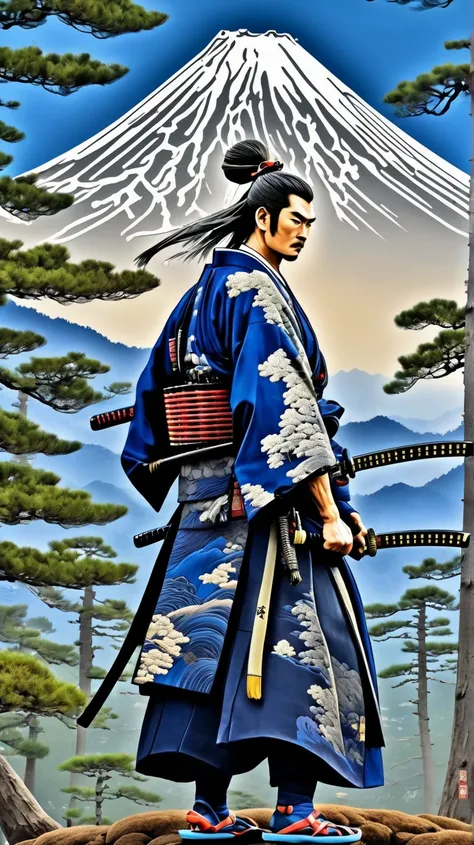 The neural network draws a picture against the background of Fujiyama and Japanese pines, a heroic being - a proud samurai holding a samurai katana sword in his hands, samurai clothes, slender slender physique, developed muscles, flowing hair, High detail,...