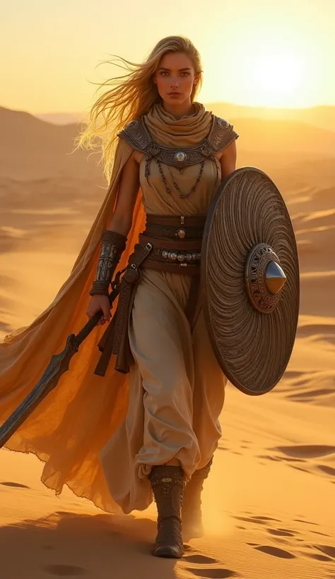 **"Desert Nomad Shieldmaiden"**
"Amidst the vast, golden dunes of an expansive desert, a striking shieldmaiden leads her tribe. Her sun-kissed skin and long, wind-swept blonde hair contrast beautifully with her traditional desert garb, made of flowing fabr...