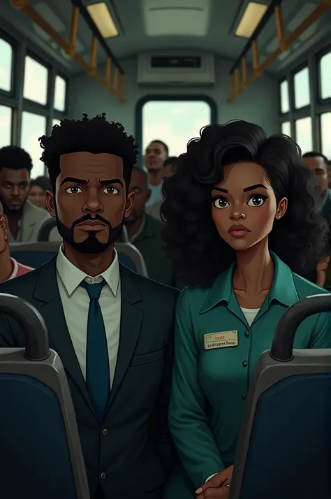 Two serious black men and women sitting on the bus ,  the woman in cleaning clothes with other people behind 