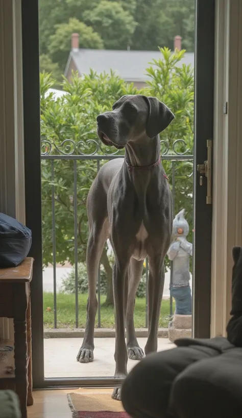 a realistic male Great Dane dog measuring 111.8 cm, completely gray, watching the family leaving the house for a walk and leaving him at home