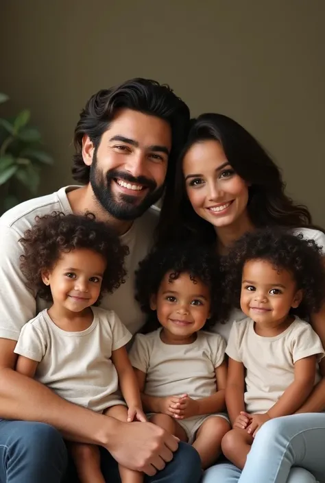 Draw a realistic image:

A family with:
a dad (brunette, black hair and beard, amber eyes)
a mom (white, curly/wave dark brown hair, brown eyes)
a 32 months old boy(white, black straight hair, brown eyes)
twins boys with 18 months old (brunette, curly/wave...