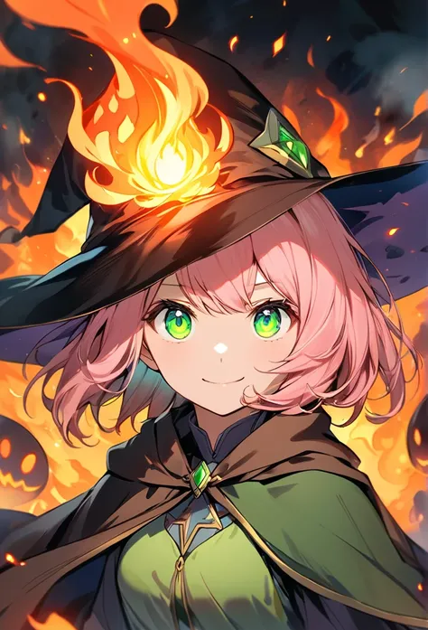 Upper body close-up（((masterpiece), on)"An anime-style fantasy scene featuring a young female mage with short pink hair, dressed in a flowing green dress, a wide-brimmed witch hat, and a brown cape. She holds a staff that emits a fiery glow, with flames sw...