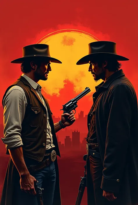 viewers view, red inscription on fire Red Dead Redemption above the head, portrait, abstract art, video game, man, John Marston, riding a horse, wearing a cowboy hat on his head, wearing a brown vest of the nineteenth century and a white shirt of the ninet...