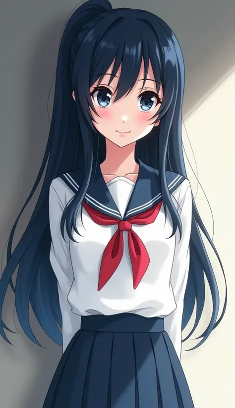 A teenager-looking girl ,  with a traditional Japanese school uniform :  a white blouse with a red ribbon around the neck and a dark blue pleated skirt.  Her hair is long, straight and blue-black ,  gathered in a tall ponytail , and her skin is pale .  His...