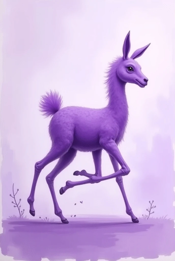 create a purple chalk painting of a galloping vicuña with 8 legs ,  4 legs in the foreground and the other 4 legs in the background with light purple 